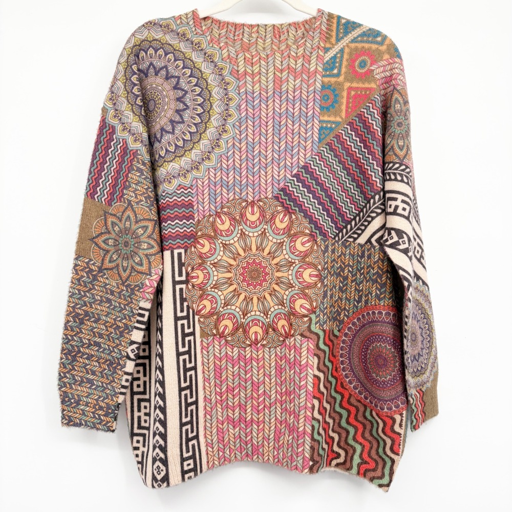 YesNo Womens Patchwork Earthy Mandala Boho Artsy Cotton Wool Knit Sweater Size M